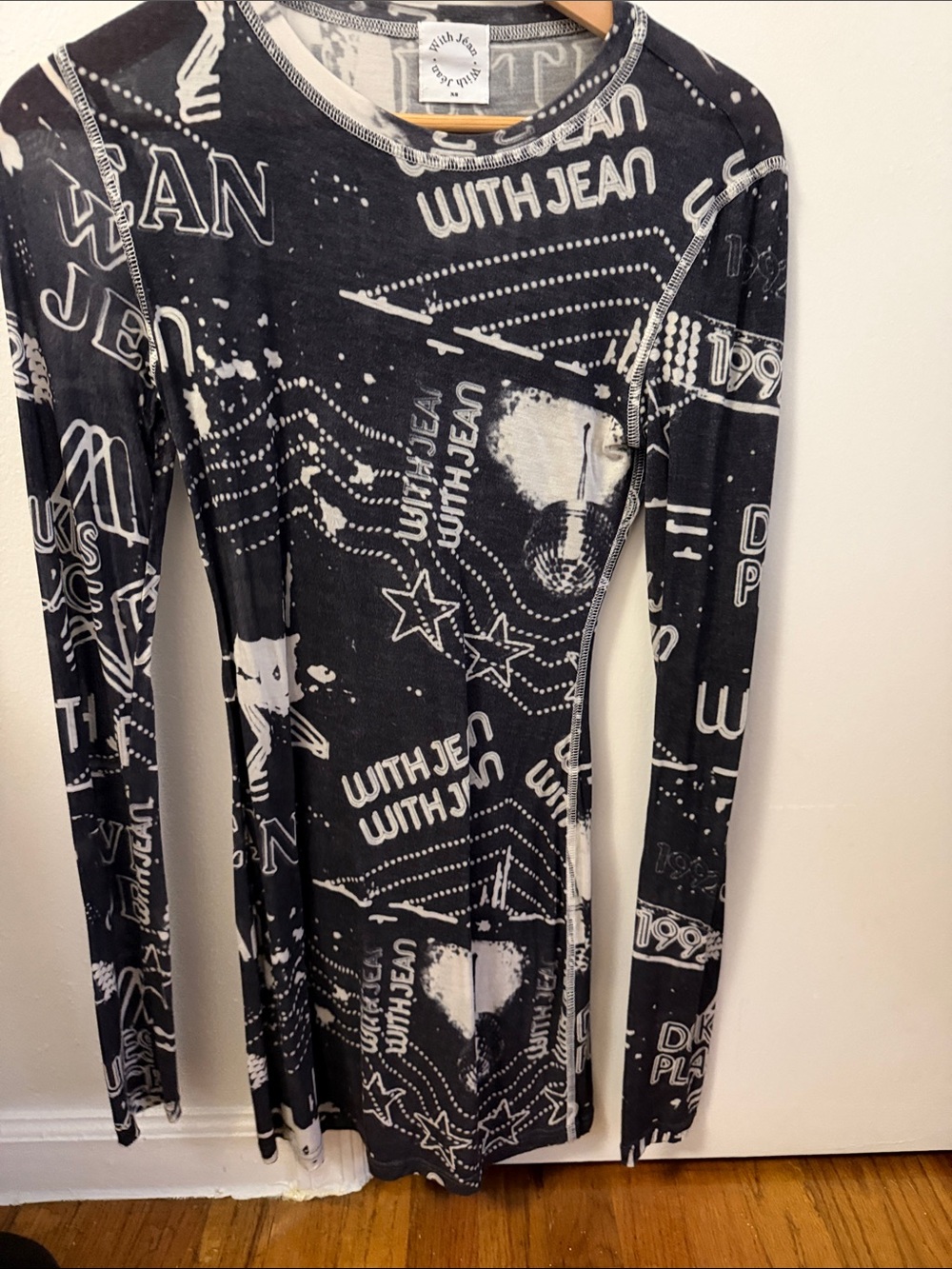 With Jean Blue and White Graphic Long-Sleeve Dress